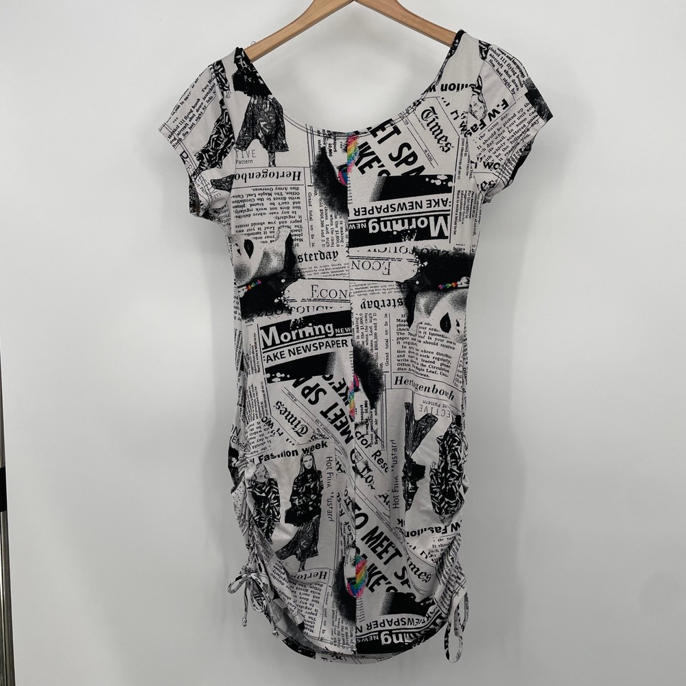 NY Invasion Newspaper Print Ruched Mini Dress Rainbow Graphic Womens Medium